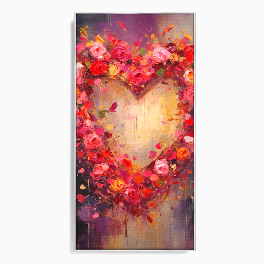 Tablou canvas cu pictura verticala cu inima din trandafiri, in rama de aluminiu argintiu